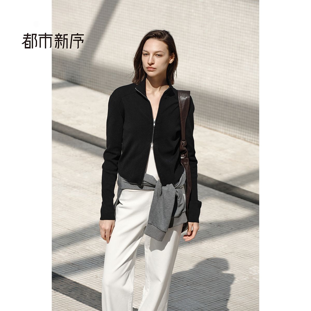 13164737.黑色立领拉链羊毛开衫女春季新款简约通勤休闲百搭针织衫