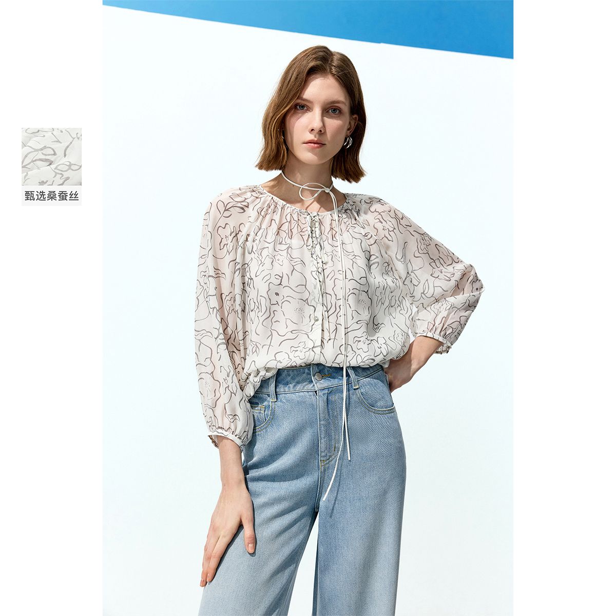 13454236.【100%桑蚕丝】系带真丝衬衫女夏季新款薄优雅气质印花上衣