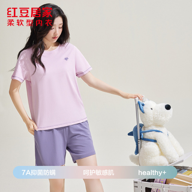 12320527.【7A抑菌】红豆女式夏季防螨驱蚊新款短袖短裤带胸垫睡衣100%棉薄款可外穿凉感纯色简约家居服套装