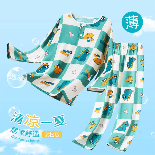 12142937.【清凉空调服】儿童睡衣男童家居服夏季薄款大童格纹绵绸圆领套装
