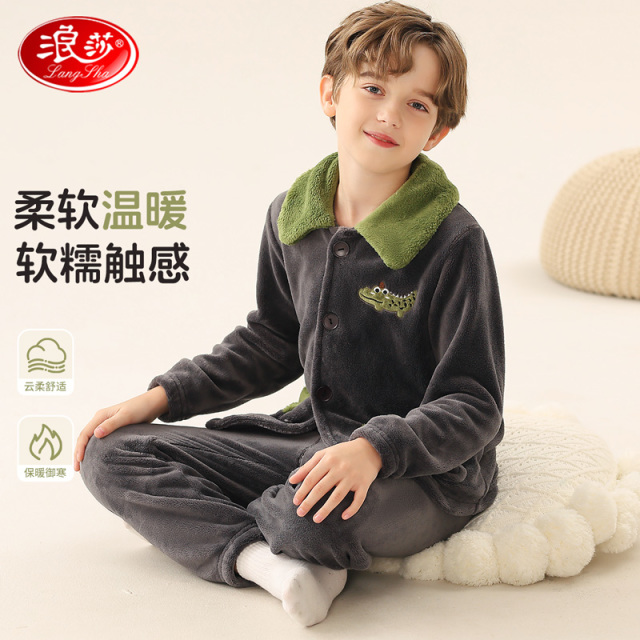 12216706.【加厚法兰绒】儿童睡衣家居服套装秋冬男童睡衣中大童翻领可外穿