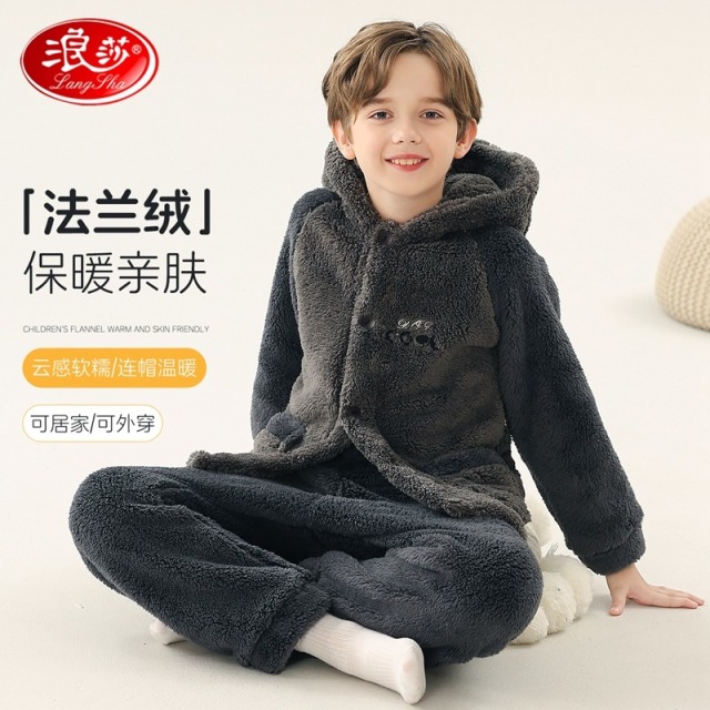 12216107.【加厚法兰绒】儿童家居服套装秋冬男童睡衣中大童连帽口袋可外穿