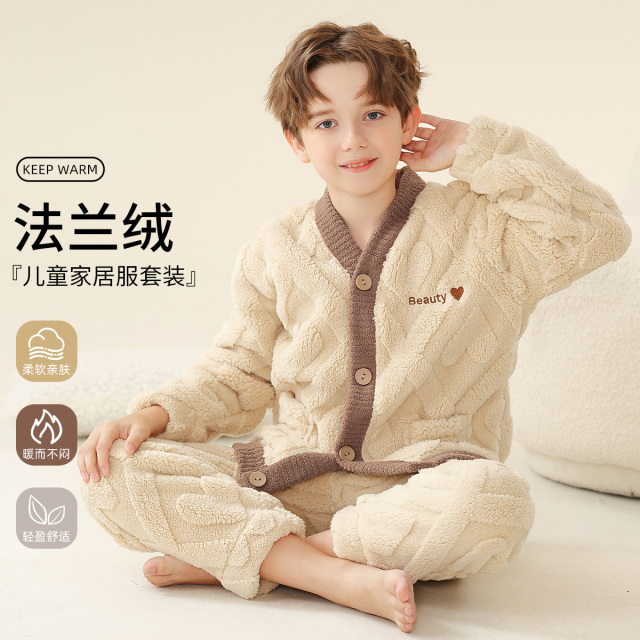 12216667.【加厚法兰绒】儿童睡衣家居服套装秋冬款男童睡衣V领口袋可外穿
