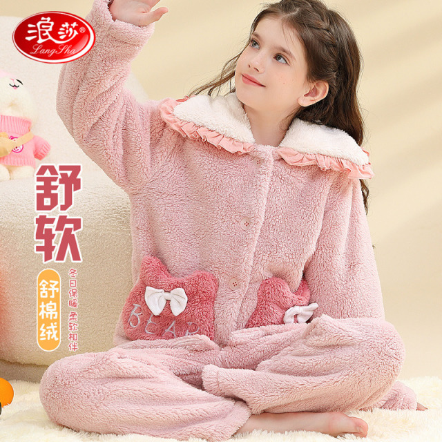 12219513.【加绒珊瑚绒】儿童睡衣家居服冬女童花边翻领睡衣套装蝴蝶结口袋