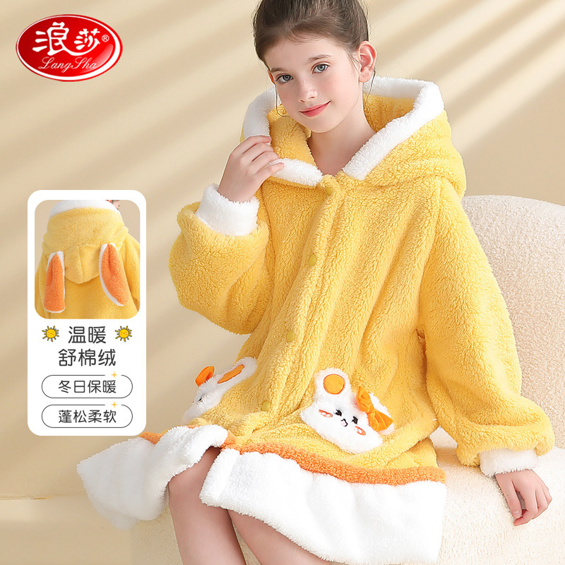 12219104.【加绒珊瑚绒】女童睡裙儿童睡衣家居服秋冬卡通连帽兔耳少女睡袍