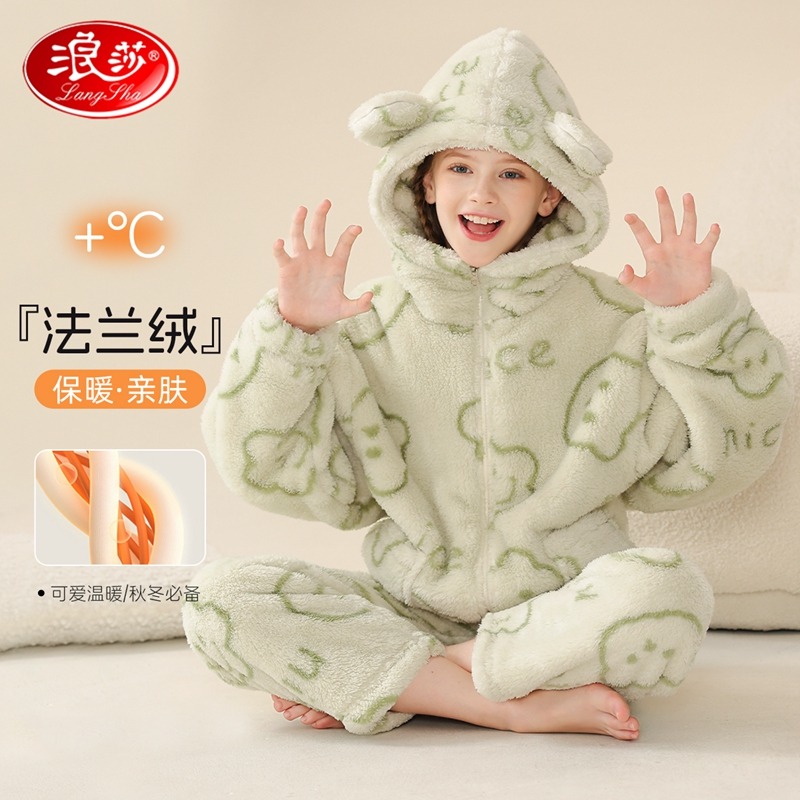 12218652.【加厚法兰绒】儿童睡衣女童连帽家居服中大童宝宝可外穿睡衣套装