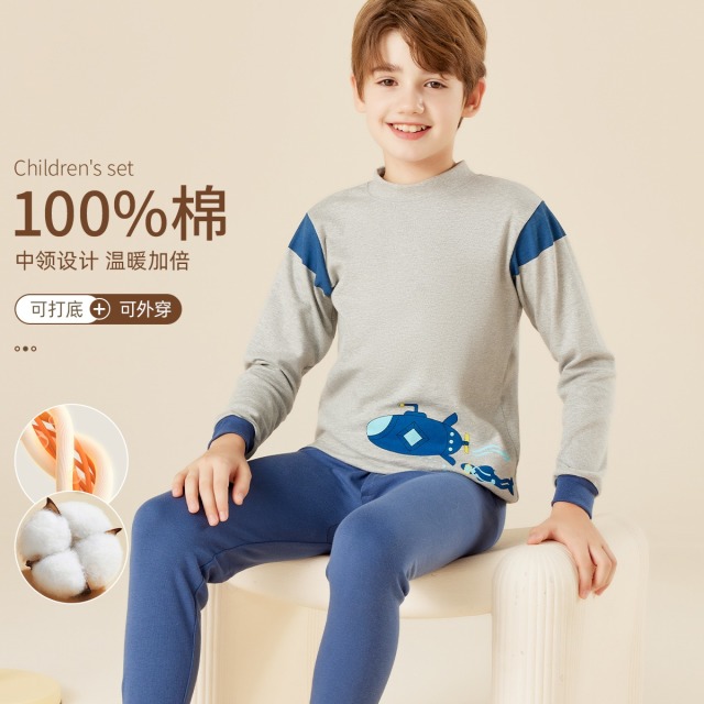 12226430.【100%棉半高领】儿童秋衣秋裤男童保暖内衣中大童棉毛衫套装