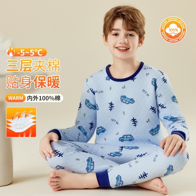 12227698.【三层夹棉加厚】儿童保暖内衣套装男童秋衣秋裤男中大童校服神器