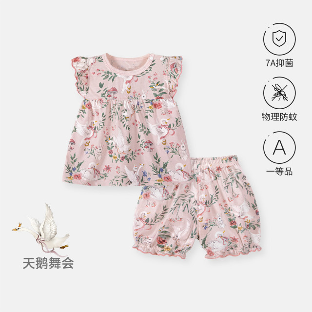 13640505.婴儿短袖套装女宝宝夏季纯棉外出花边分体套装公主衣服两件套