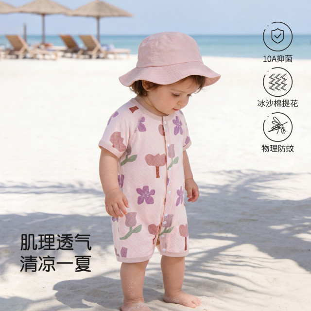 13640745.婴儿短袖连体衣夏季薄款宝宝冰沙棉轻薄夏装沙滩衣服
