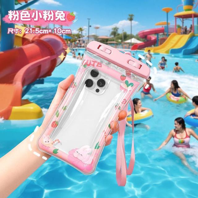 13663363.手机防水袋可触屏密封游泳水下拍照潜水漂流带气囊卡通挂脖手机套