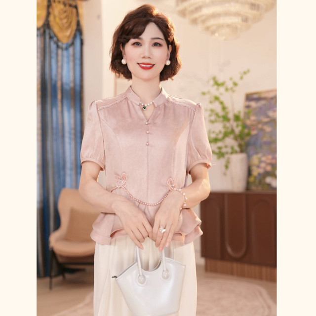 12184853.中年女式时尚气质衬衫夏季薄款短袖V领上衣中老年妈妈夏装