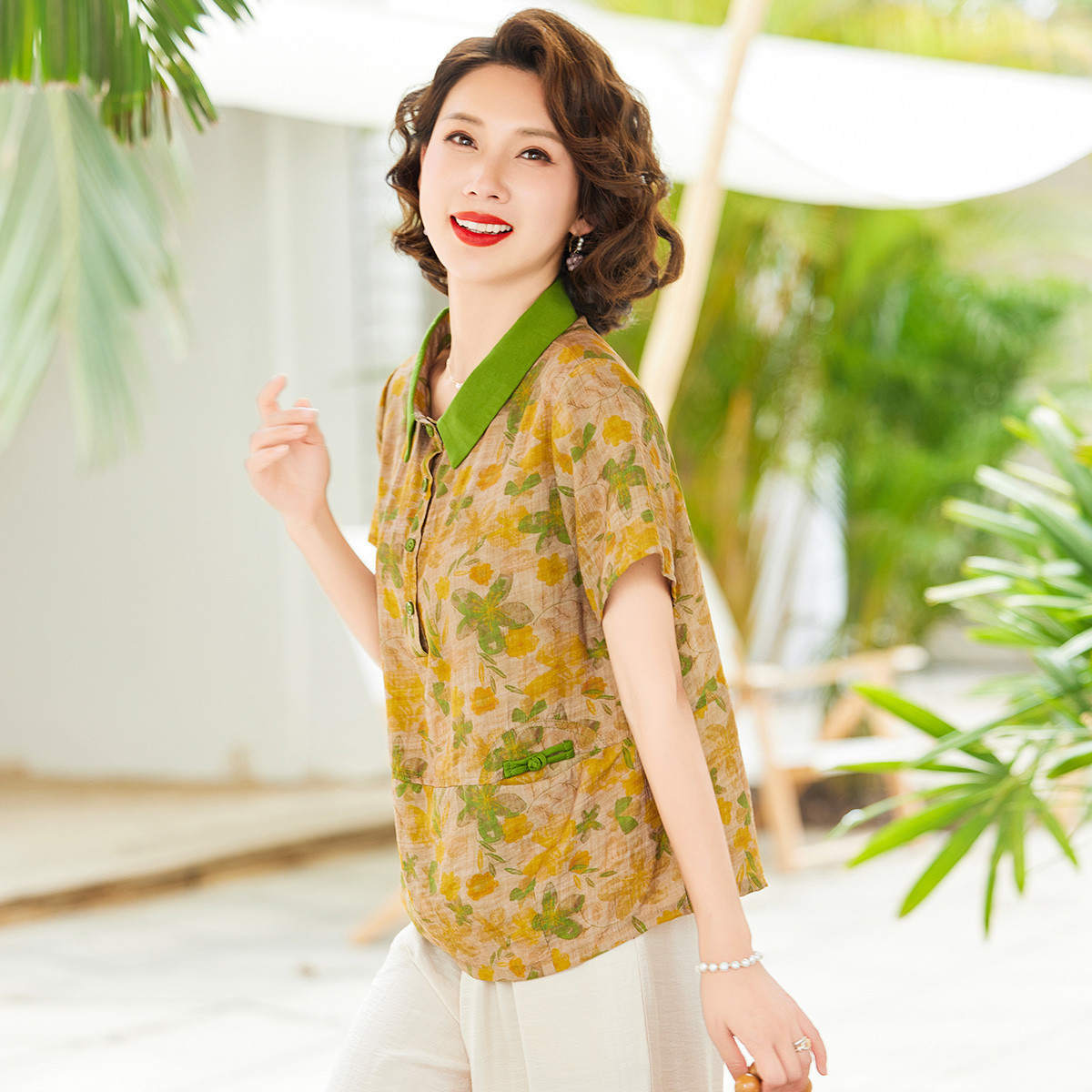 12183980.中年妈妈夏装棉麻短袖T恤洋气中老年女装小衫上衣