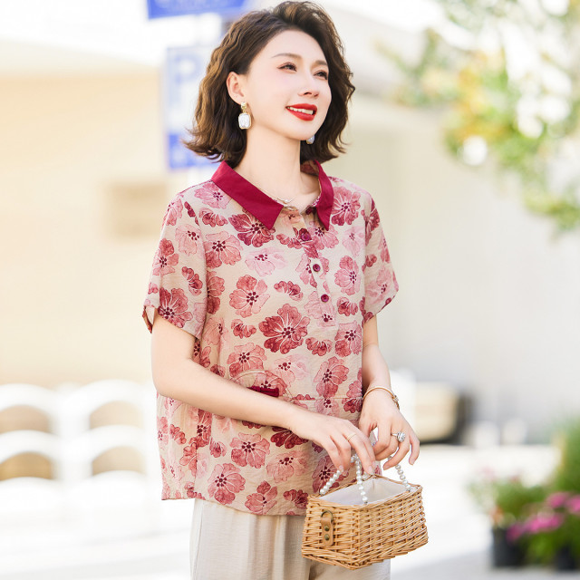 12183980.中年妈妈夏装棉麻短袖T恤洋气中老年女装小衫上衣
