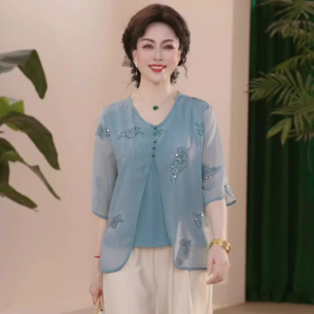 12184927.中年妈妈夏装衬衣小衫t恤新款洋气衬衫中老年女装上衣服
