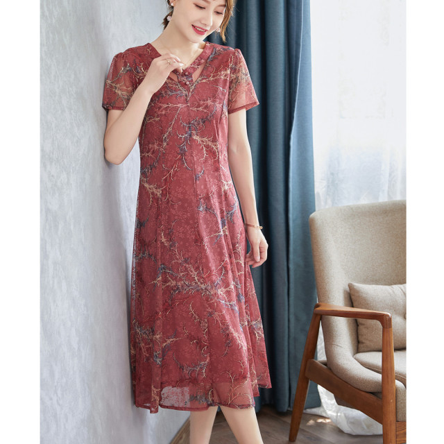 12193298.【休闲洋气】中年女夏装短袖连衣裙过膝裙子中老年夏季薄款长裙