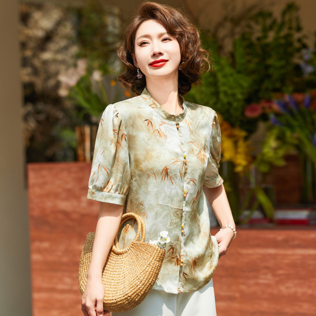 12195372.年轻妈妈夏装短袖衬衫洋气质阔太太t恤小衫雪纺上衣