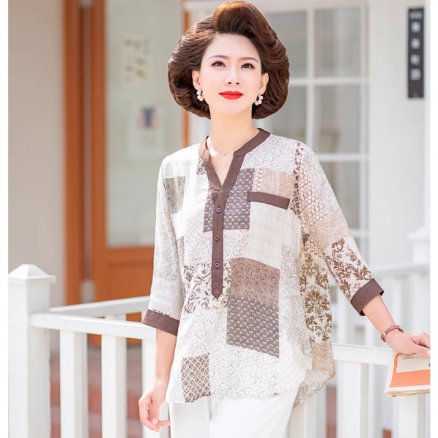 13412718.夏装薄款小衫洋气中老年女装时尚七分袖T恤