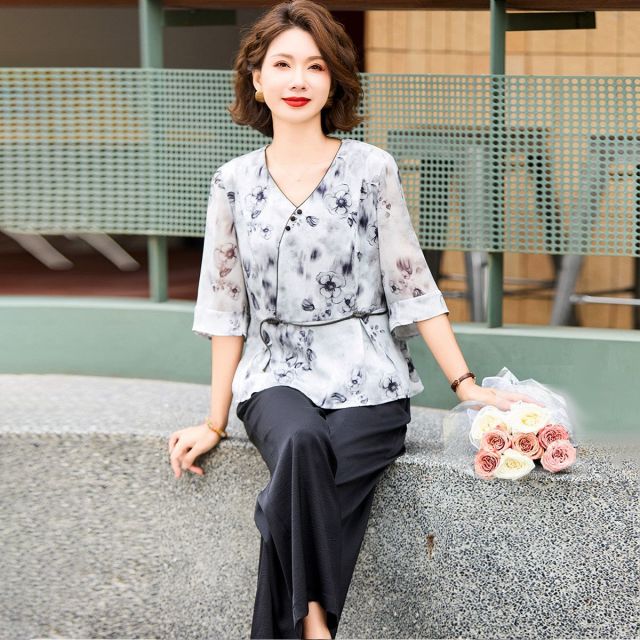 12294360.洋气妈妈装春夏装薄款时尚套装中老年女装中年洋气T恤小衫