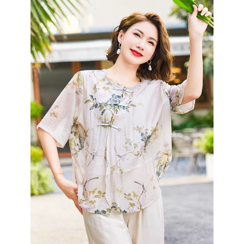 12384631.妈妈夏装洋气上衣裤子新款洋气新中式盘扣女装夏季短袖宽松