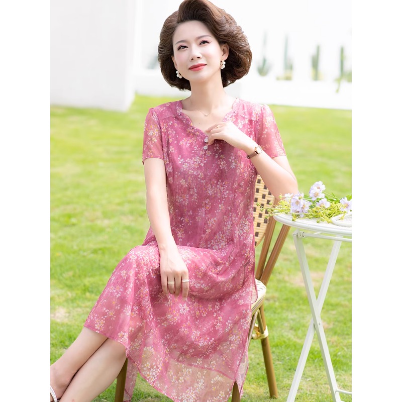 12384247.年轻妈妈夏装雪纺连衣裙中年女装洋气中老年收腰碎花裙子