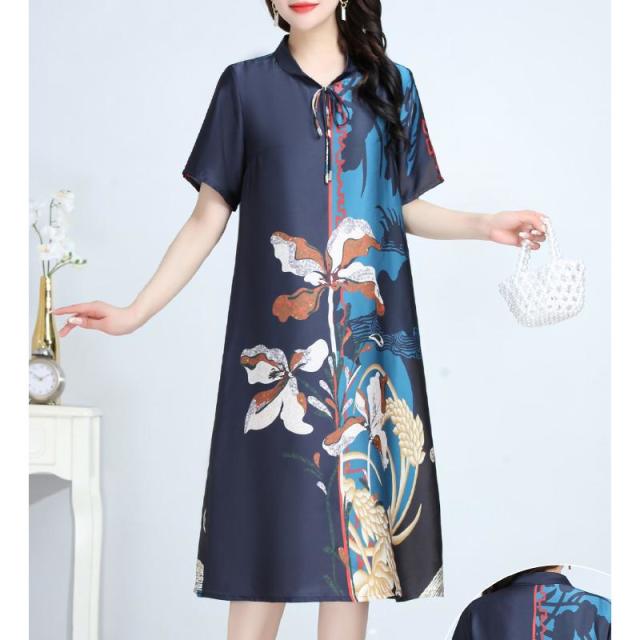 12383916.妈妈夏装新款连衣裙加肥加大丝绸质感衣服胖妈妈洋气短袖遮肉裙子