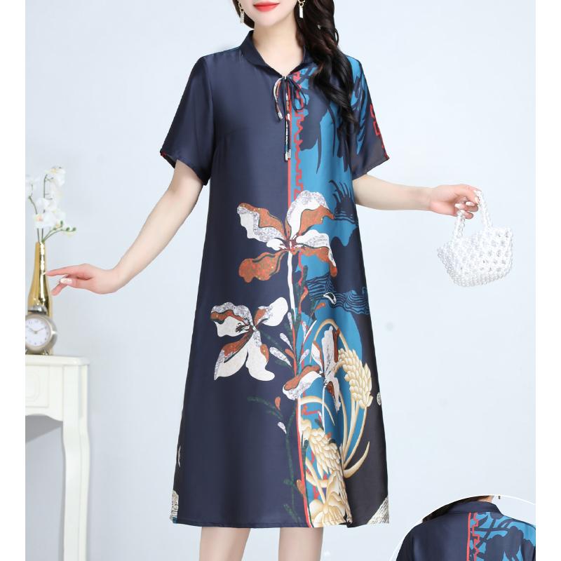 12383916.妈妈夏装新款连衣裙加肥加大丝绸质感衣服胖妈妈洋气短袖遮肉裙子