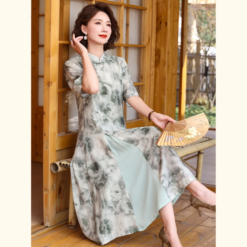 12387112.中年妈妈夏装连衣裙旗袍裙收腰洋气中老年女装中长款裙子