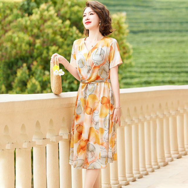 12386526.中年妈妈夏装连衣裙短袖洋气高贵女装中老年雪纺印花裙子