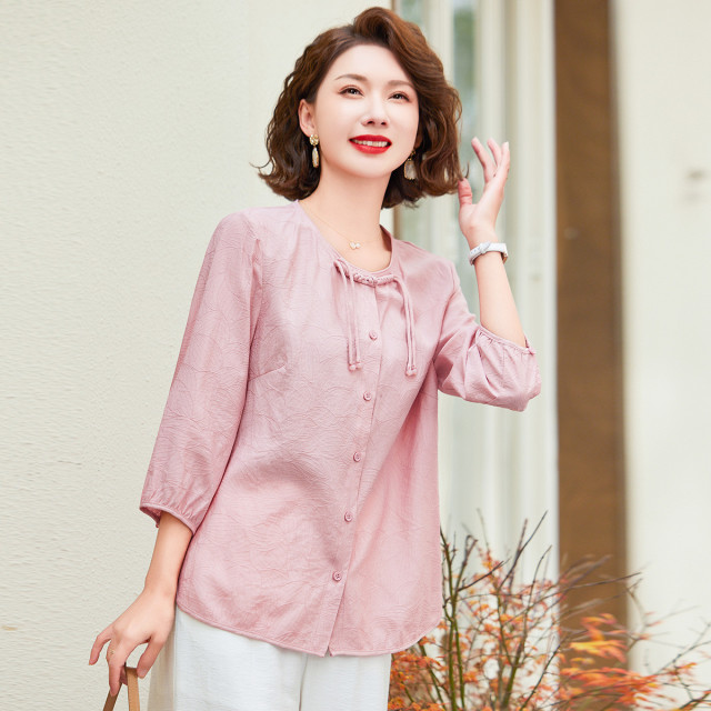 12390266.中年妈妈夏装盘扣衬衫上衣服洋气中老年女装时尚减龄T恤