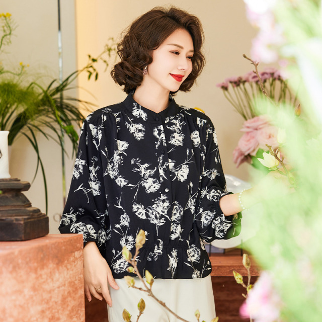 12388818.中年妈妈夏装条纹衬衫女洋气印花小衫长袖雪纺衫百搭衬衣