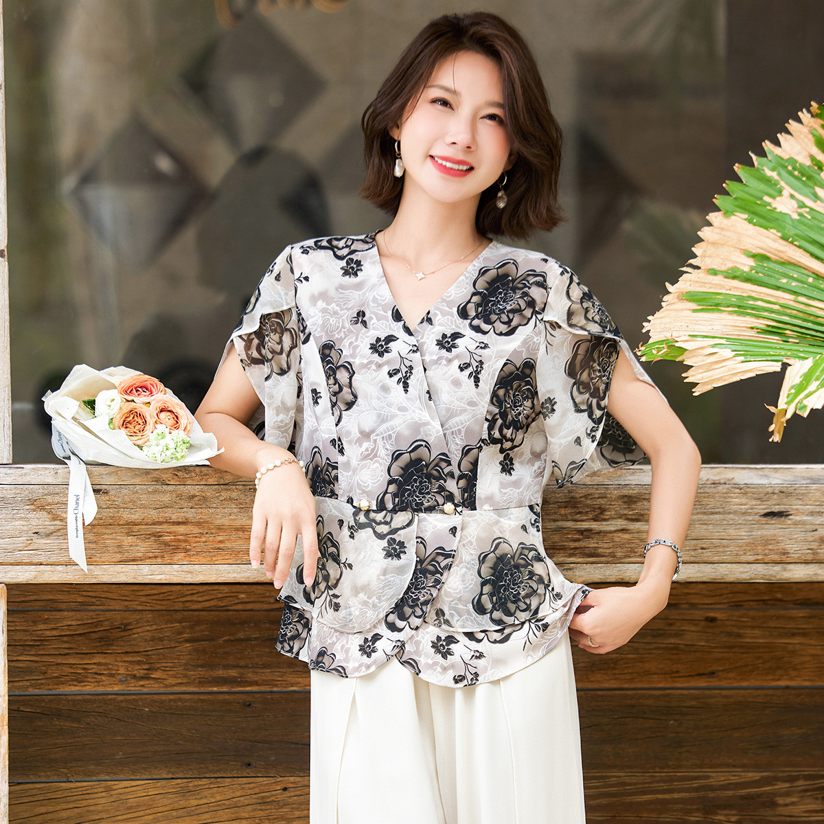 12396084.中老年女装洋气百搭T恤中年妈妈国风夏装新中式上衣