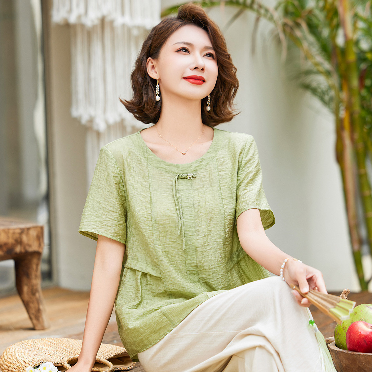 12397282.中老年妈妈夏季休闲时尚T恤衫中年女薄款夏装气质宽松短袖上衣