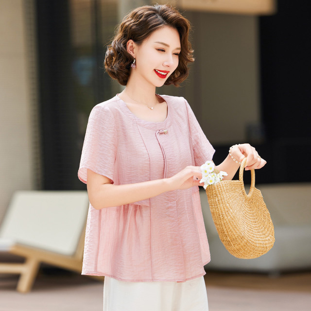 12397282.中老年妈妈夏季休闲时尚T恤衫中年女薄款夏装气质宽松短袖上衣