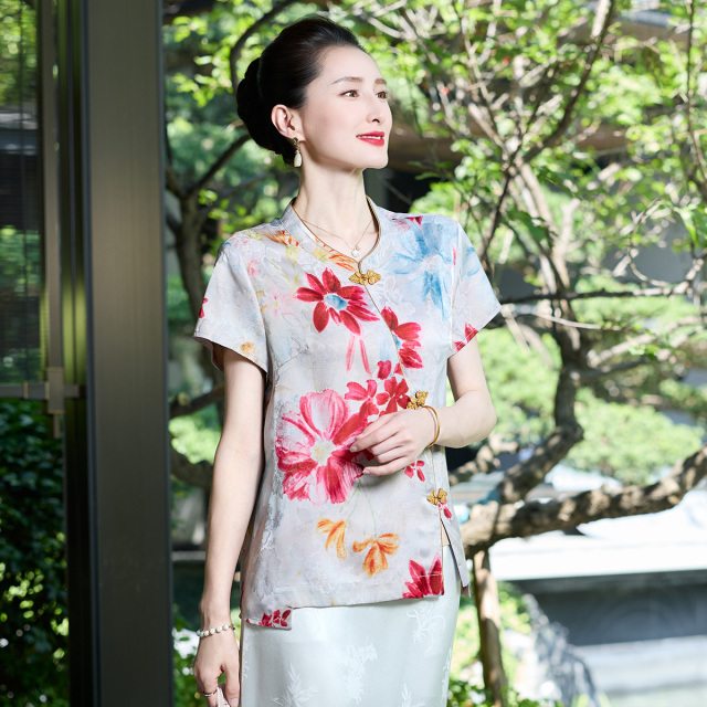 12398975.新款妈妈装夏季时尚气质中年女装宽松新中式小衫