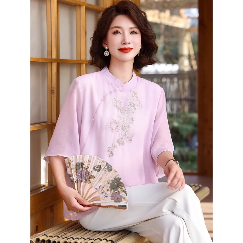 12409321.中年妈妈夏装中国风衬衫t恤新款宽松中老年女装雪纺小衫衬衣