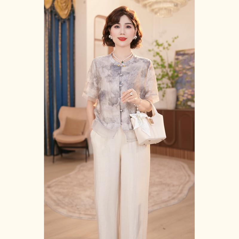 12409626.新款妈妈装夏季时尚气质中年女装宽松新中式小衫T恤女