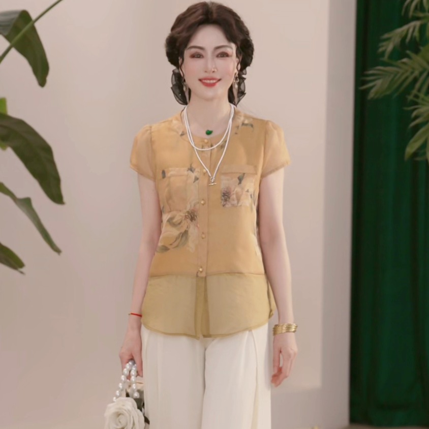 12410296.新款夏季妈妈装薄款时尚气质衬衣女装洋气减龄T恤女士