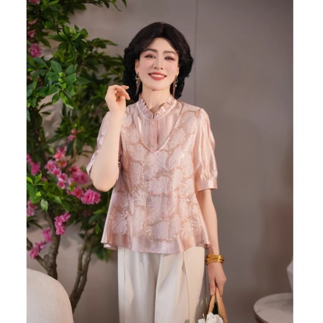 13393747.2026新款妈妈夏装薄小衫时尚上衣中老年女装洋气母亲节衣服
