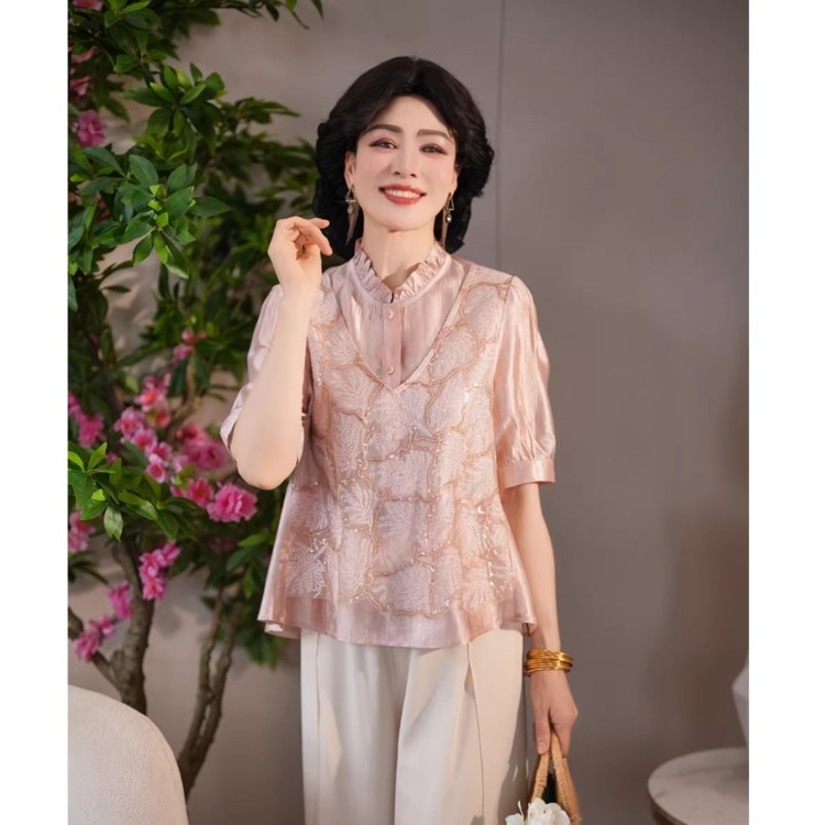 13393747.2026新款妈妈夏装薄小衫时尚上衣中老年女装洋气母亲节衣服
