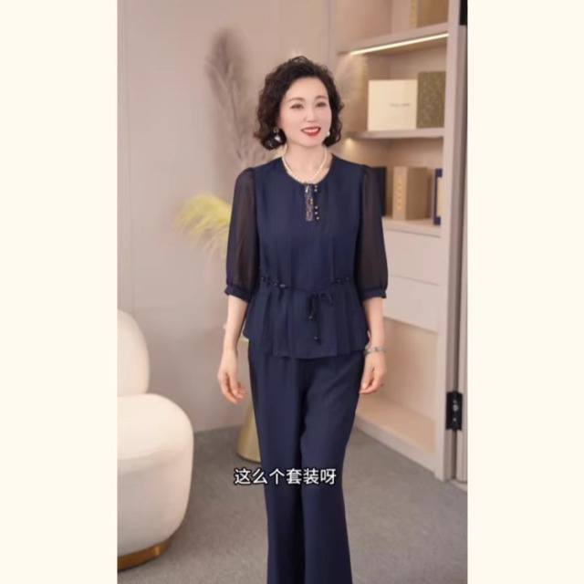 13393448.2026新款妈妈夏装国风雪纺套装中老年女装洋气高贵小衫上衣两件