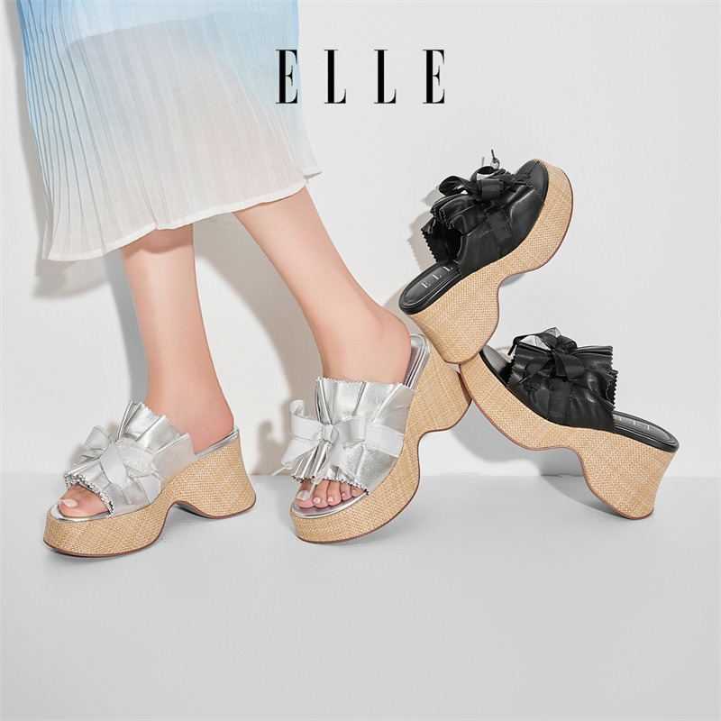12186379.ELLE坡跟拖鞋女夏外穿2025新款厚底蝴蝶结凉鞋防滑夏天绝美凉拖鞋