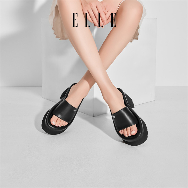 12186407.ELLE厚底增高拖鞋女2025新款外穿夏凉鞋小个子显高黑色高跟凉拖鞋