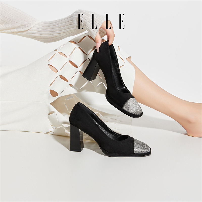 12185991.ELLE粗跟高跟鞋女鞋气质高级不累脚夏季2025新款黑色单鞋包头凉鞋