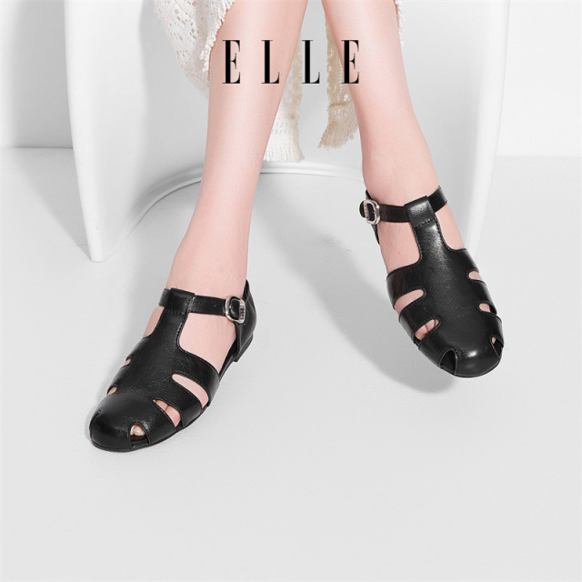 12186355.ELLE罗马真皮包头凉鞋女夏季2025新款镂空透气女鞋平底单鞋猪笼鞋