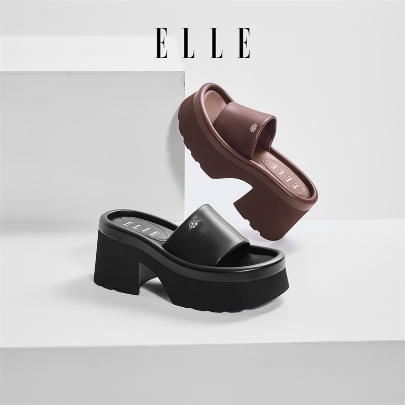 12186407.ELLE厚底增高拖鞋女2025新款外穿夏凉鞋小个子显高黑色高跟凉拖鞋