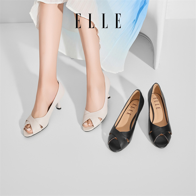 12186409.ELLE鱼嘴凉鞋女款夏季2025新款白色高跟鞋日常百搭透气不闷脚女鞋