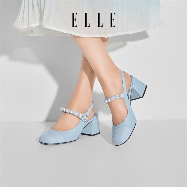 12186202.ELLE包头小香风凉鞋女夏外穿2025新款粗跟一字带高跟鞋玛丽珍鞋子