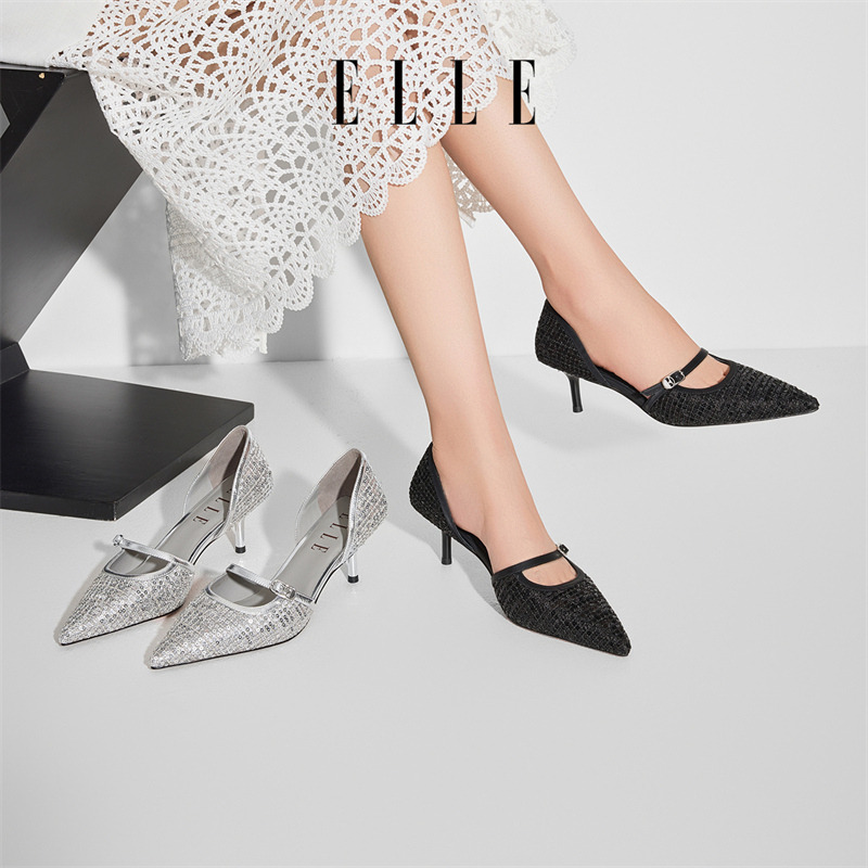 12186285.ELLE女士高跟凉鞋女款2025新款夏季外穿时尚高级感婚鞋新娘鞋尖头