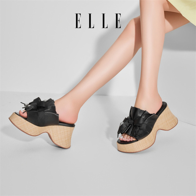 12186379.ELLE坡跟拖鞋女夏外穿2025新款厚底蝴蝶结凉鞋防滑夏天绝美凉拖鞋
